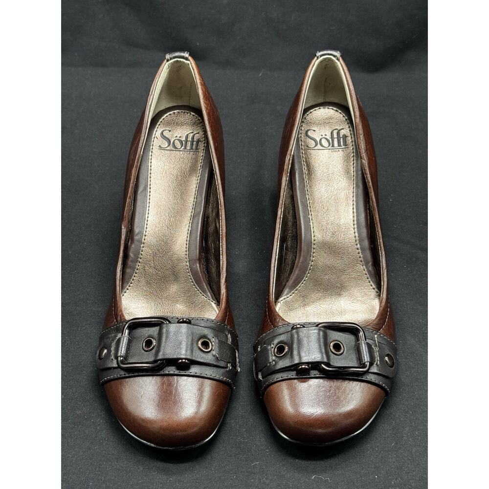 SOFFT Brown Leather Buckle Pumps Block Heels Womens US Size 9.5 Office Work - Picture 3 of 10